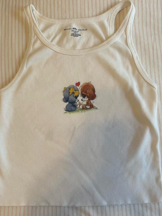 Brandy Melville Tops - Brandy Melville White Ribbed Tank with Puppy Duo Graphic
